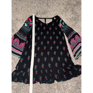 Women's True Destiny Black Pink Floral Bell Sleeve Mini Dress M​